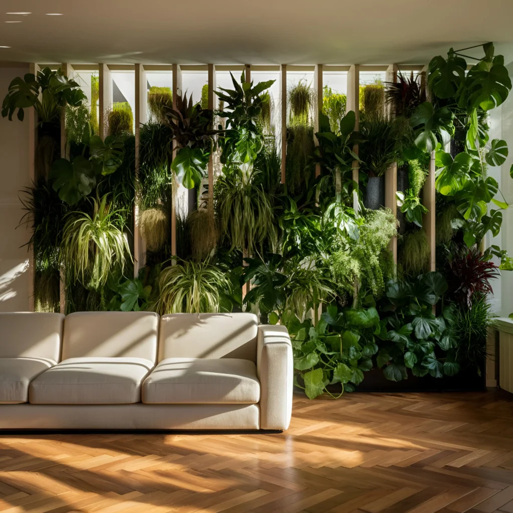 A cozy living room featuring decorative vertical gardens, showcasing lush green houseplants arranged in a stunning wall display that enhances the aesthetic appeal of the space while promoting a calming, natural atmosphere.