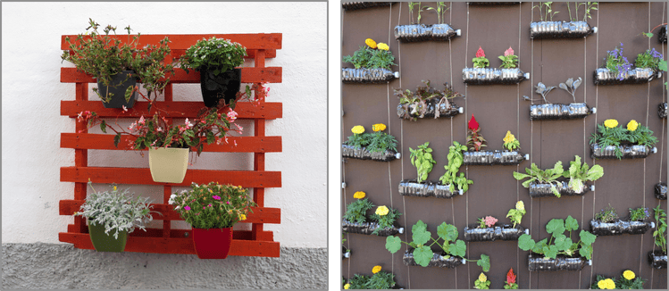 Vertical gardens made with recycled materials: on the left, colorful pots hanging on a red-painted wooden pallet; on the right, repurposed PET bottles used as planters, arranged vertically on a wall, growing various plants and vegetables.