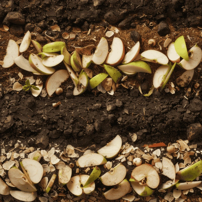 How to Use Homemade Compost in Vertical Gardens: Organic apple scraps decomposing in nutrient-rich soil, illustrating the natural composting process for sustainable gardening.