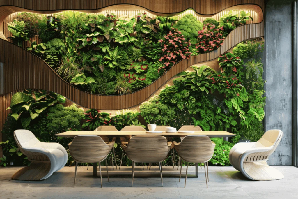 Elegant dining area featuring a lush vertical garden with a variety of low-maintenance plants, perfect for summer care, surrounded by modern wooden furniture and soft lighting.
