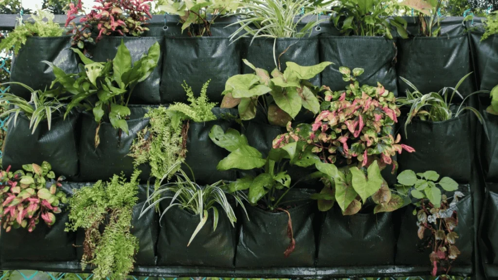 Vertical garden with a variety of plants growing in fabric pockets, showcasing an eco-friendly and space-saving solution for organic vertical gardens.