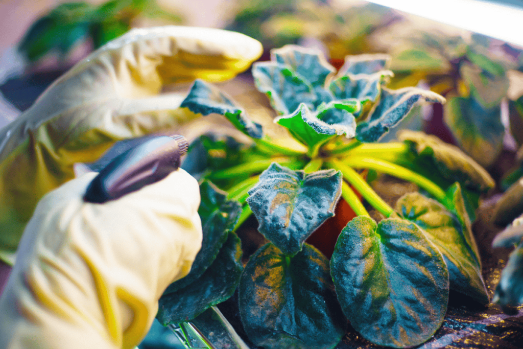 Gardener wearing gloves misting the leaves of a plant in a vertical garden to maintain moisture and health during winter.