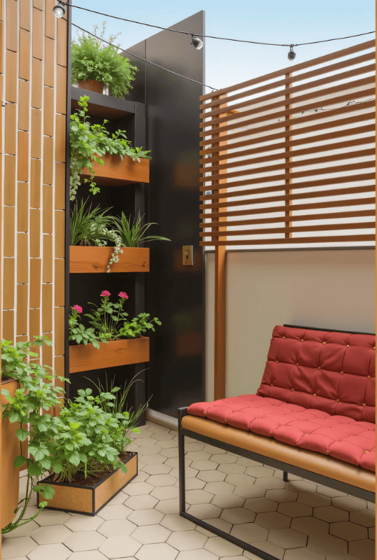 A cozy and modern balcony setup featuring a productive vertical garden with neatly arranged wooden planters, vibrant greenery, and colorful flowers, complemented by a red cushioned bench and stylish privacy panels.
