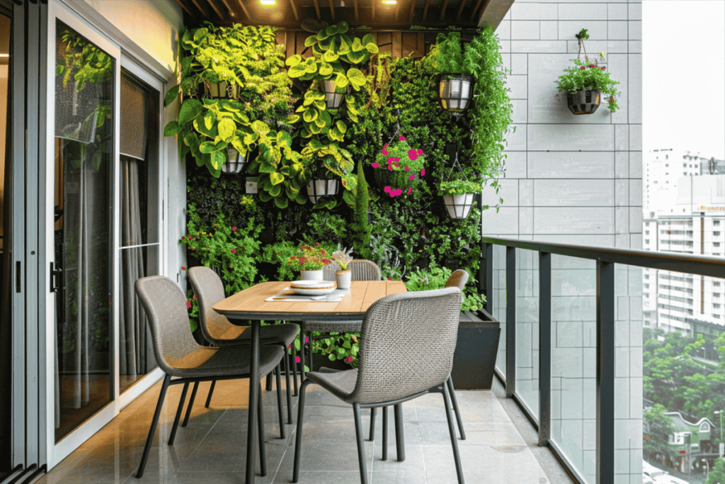 Modern balcony featuring a vibrant vertical garden with a variety of green plants and colorful flowers, complemented by a wooden dining table and cozy chairs, showcasing an urban space transformed into a productive and aesthetic vertical garden.