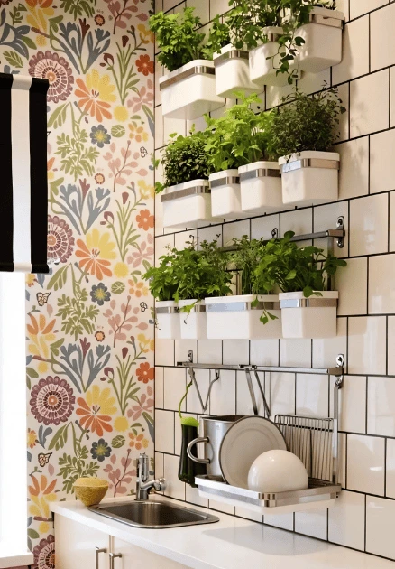 Vertical Kitchen Garden on a tiled kitchen wall, featuring small white pots filled with fresh herbs arranged on metal racks. The setup combines practicality with greenery, complementing the vibrant floral wallpaper on the adjacent wall.