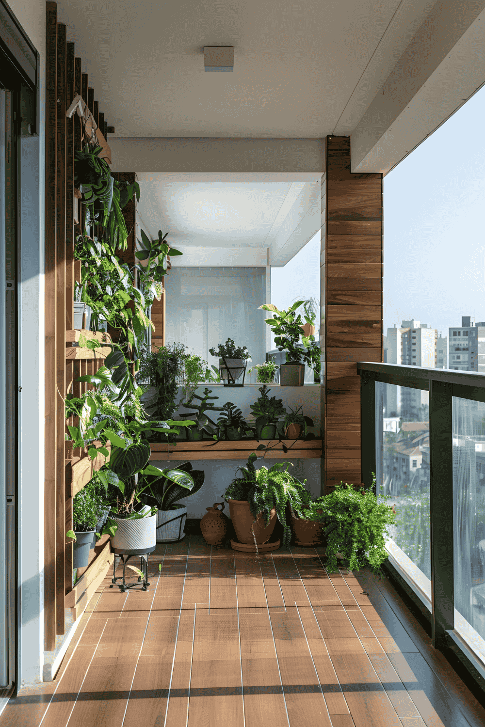 A modern balcony with a well-organized Vertical Garden in Small Spaces, featuring lush green plants in wooden structures, potted herbs, and decorative greenery. The setup maximizes vertical space while creating a cozy and fresh atmosphere.