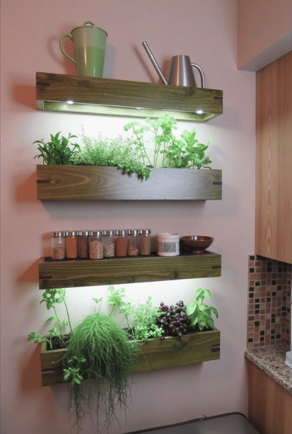 A modern vertical garden with wooden wall-mounted planters, built-in LED lighting, and a variety of aromatic plants for vertical gardens, including parsley, thyme, and basil. The setup is in a kitchen, combining fresh herbs with neatly organized spice jars, creating a practical and stylish indoor gardening solution.