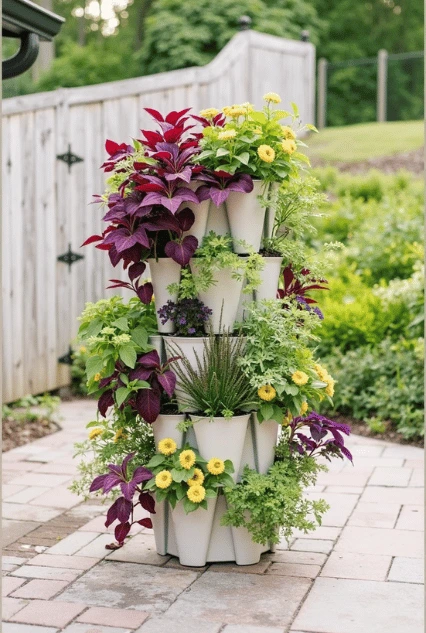 A tiered plastic stacking system filled with vibrant flowers and greenery, creating a compact and efficient Ideal Support for Your Vertical Garden. This modular design is perfect for small spaces, providing a space-saving and visually appealing solution for urban gardening.