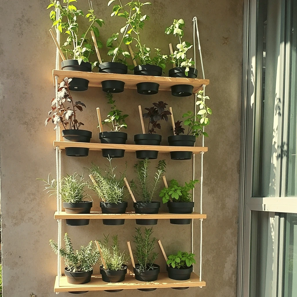 A vertical garden with aromatic plants, featuring wooden shelves suspended by ropes. Small black pots hold herbs like thyme, mint, basil, and rosemary, installed on a concrete wall near a window, receiving natural sunlight.