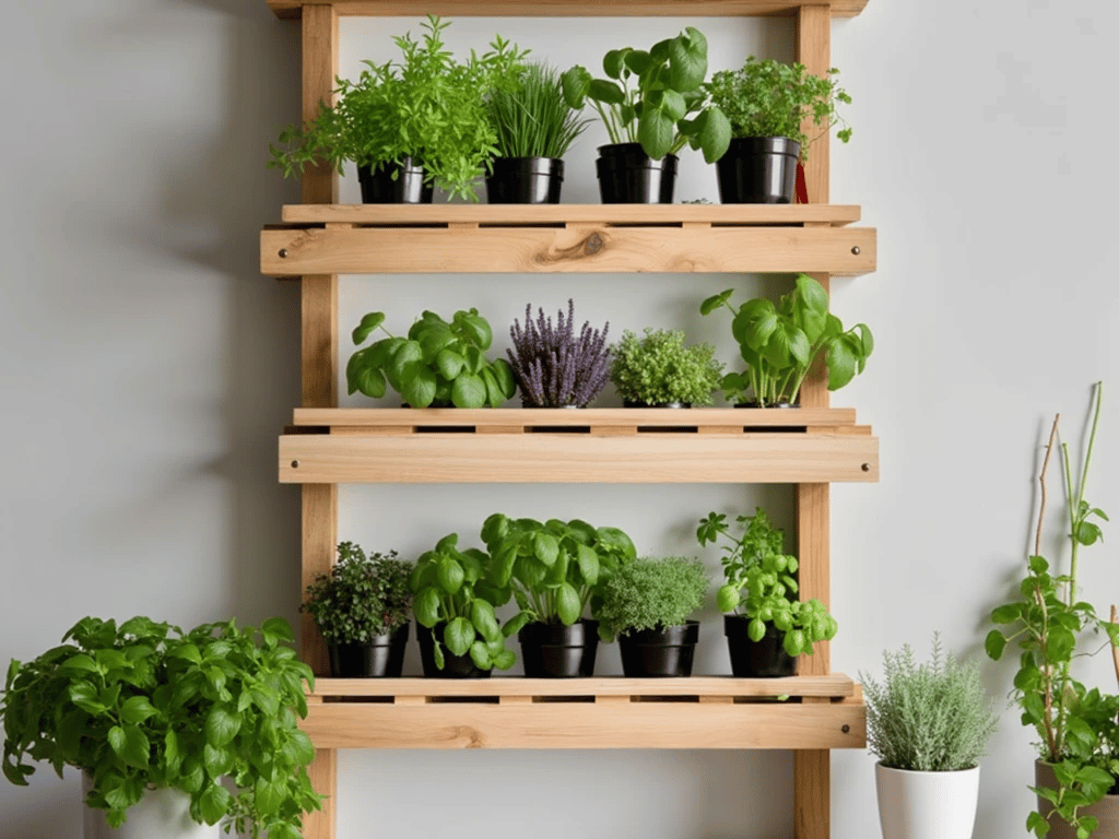 A wooden vertical garden with three levels of shelves holding potted aromatic plants for vertical gardens, including basil, lavender, and parsley. A stylish and space-saving solution for apartment gardening.