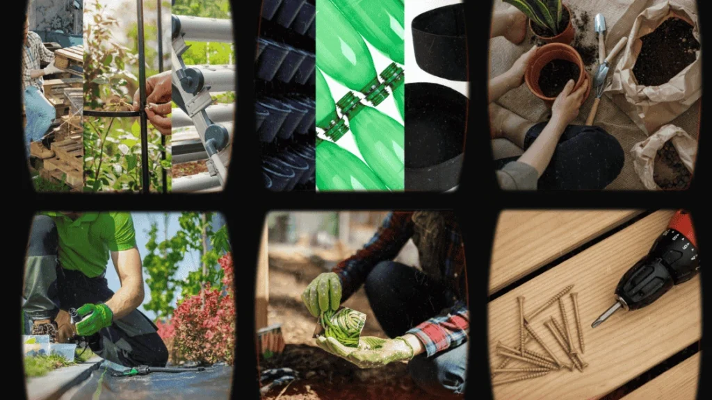 Collage of images showing the DIY vertical garden creation process, with tools, materials, and plant preparations to build your own green wall.