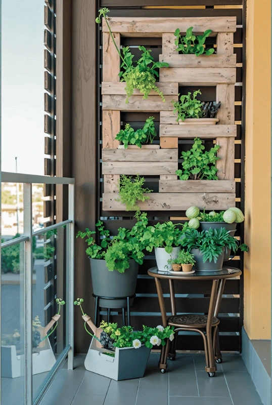 DIY vertical garden using wooden pallets with various plants in pots, creating a green and stylish wall garden for a balcony or small space.