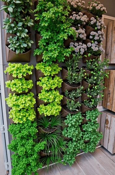 Vertical garden with a variety of plants such as herbs and greenery neatly arranged in planters, showcasing the step of adding soil and plants to a DIY vertical garden setup.