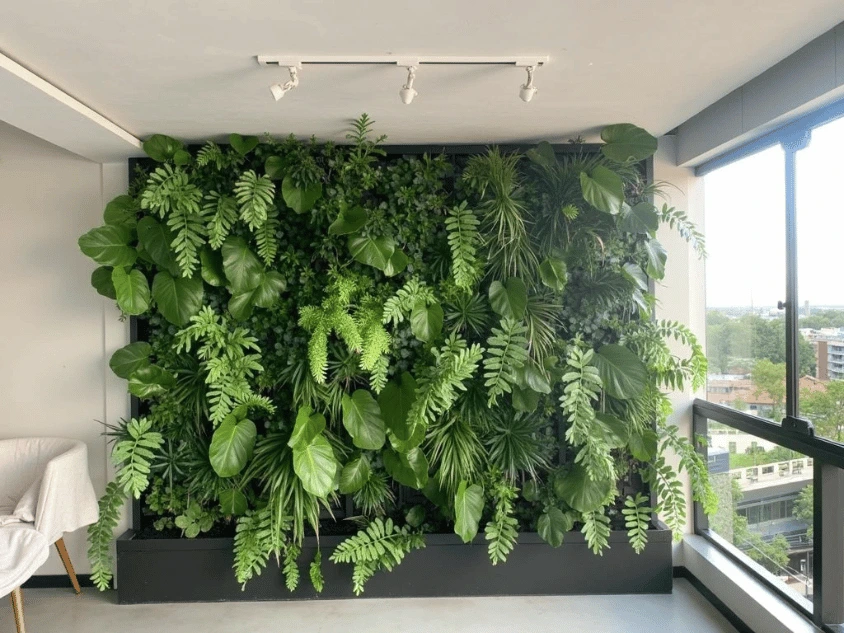 DIY vertical garden with lush green plants on a living room wall, showcasing the beauty and potential of creating your own indoor garden space.