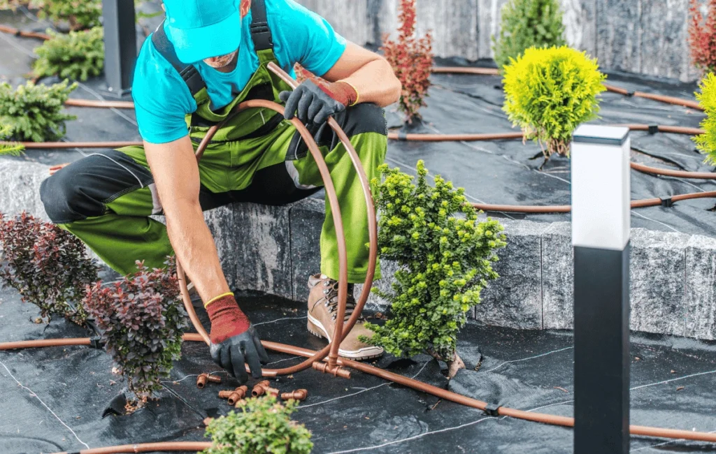 Professional installing a drip irrigation system in a garden, demonstrating the setup of efficient watering for plants in vertical gardens.