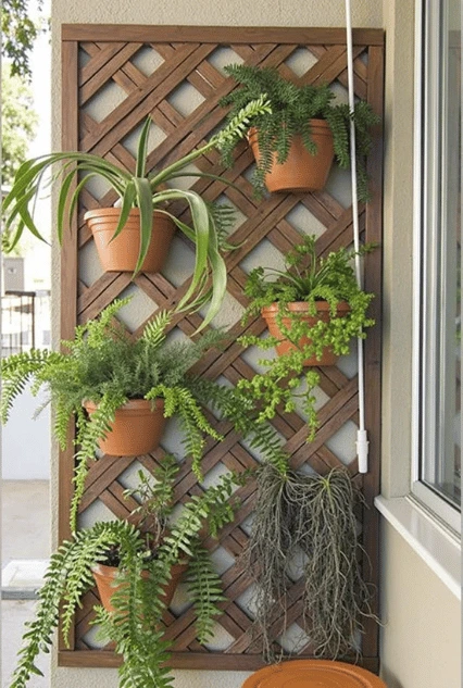 A lattice trellis vertical garden mounted on a wall, featuring terracotta pots filled with various green plants, ferns, and cascading foliage. This Ideal Support for Your Vertical Garden enhances small spaces with a rustic and decorative touch, perfect for balconies and patios.