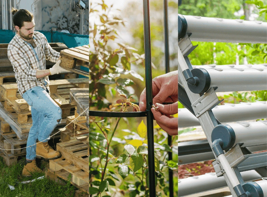 Image showing different support structures for a DIY vertical garden, including wooden pallets, metal grids, and PVC pipe supports.
