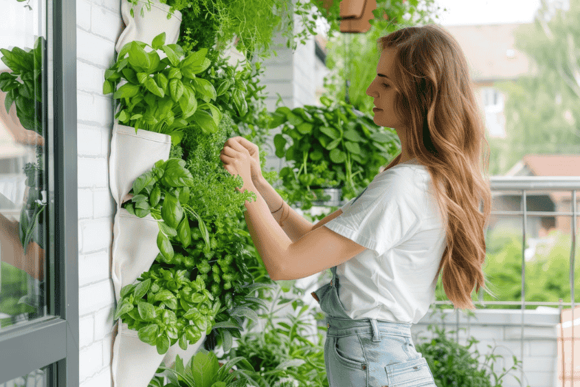 Person harvesting medicinal herbs, such as basil, from a vertical garden, showcasing the ease and accessibility of growing medicinal herbs for vertical gardens in an urban setting.