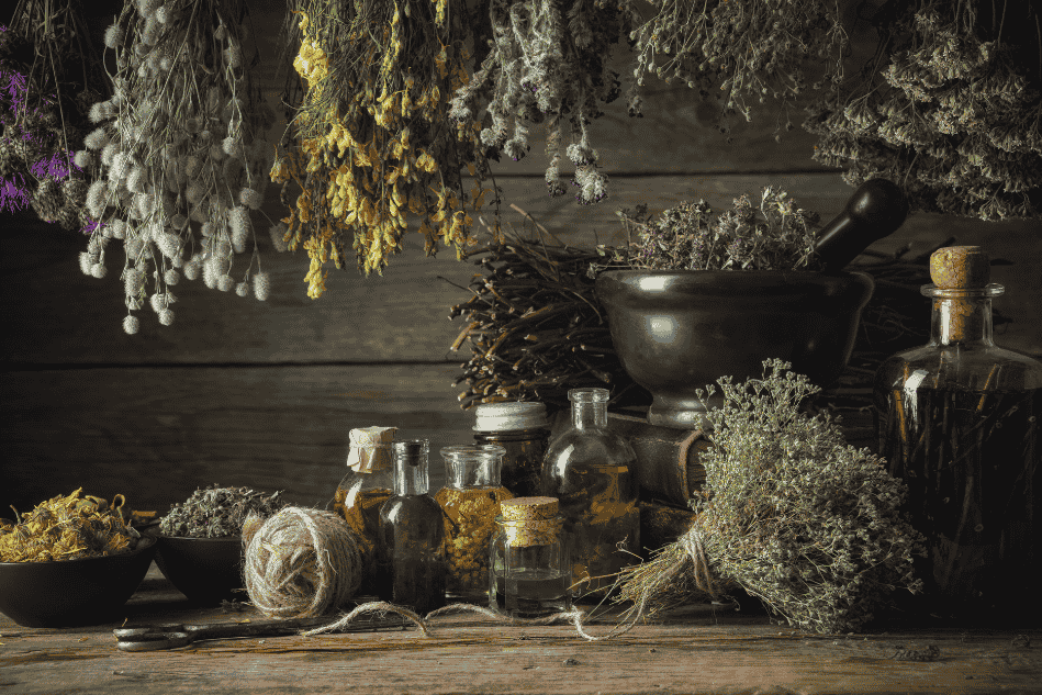 An assortment of dried medicinal herbs, oils, and tinctures, showcasing the creative uses of homegrown herbs in natural remedies.