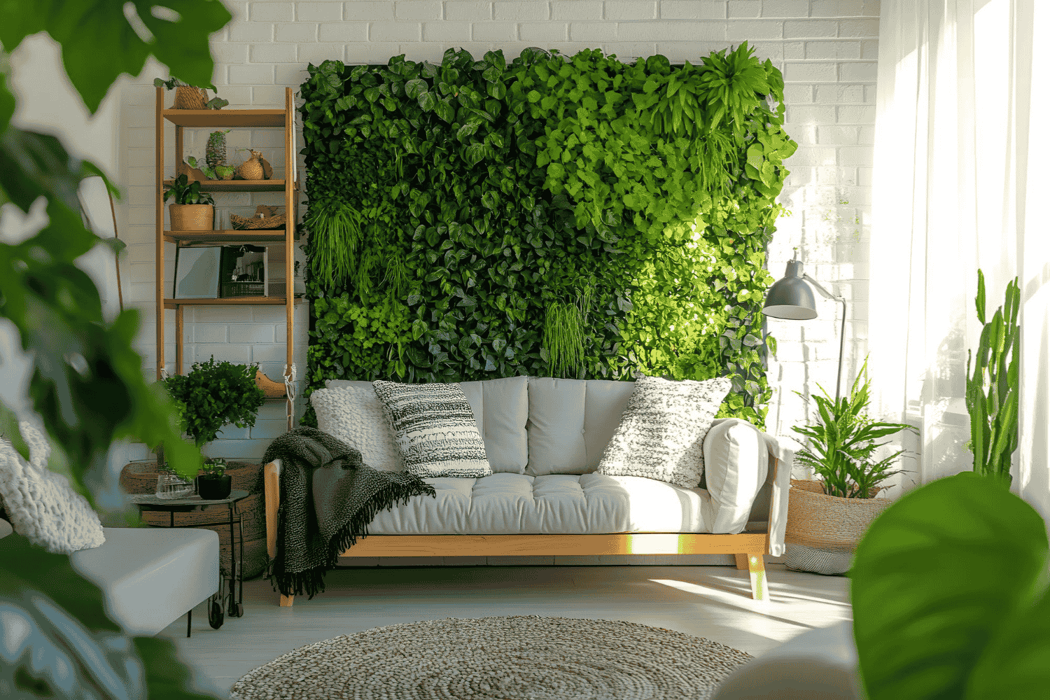 A bright living room featuring a lush green modular vertical garden on the wall behind a cozy sofa, showcasing an eco-friendly and space-saving design.